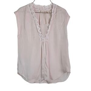 Rebecca Taylor soft pastel pink cap sleeve 100%‎ Silk Georgette lace trim blouse